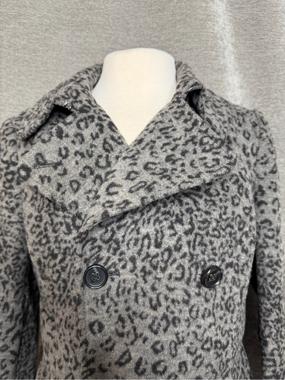 Moda International Gray Leopard Print Double-Breasted Pea Coat
